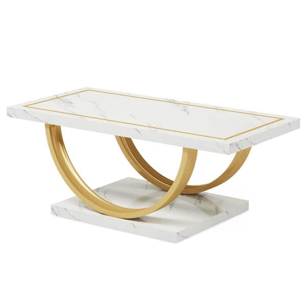 BYBLIGHT Kerlin 47 in. White and Gold Rectangle Faux Marble Coffee Table Modern Coffee Table with U-Shaped Metal Frame
