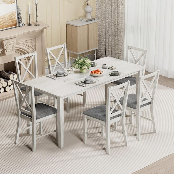 VECELO Farmhouse Dining Table Set, 7-Piece Wood Top Kitchen Table with X-Back Chairs and Padded Seats, Gray Dining (Set for 6)