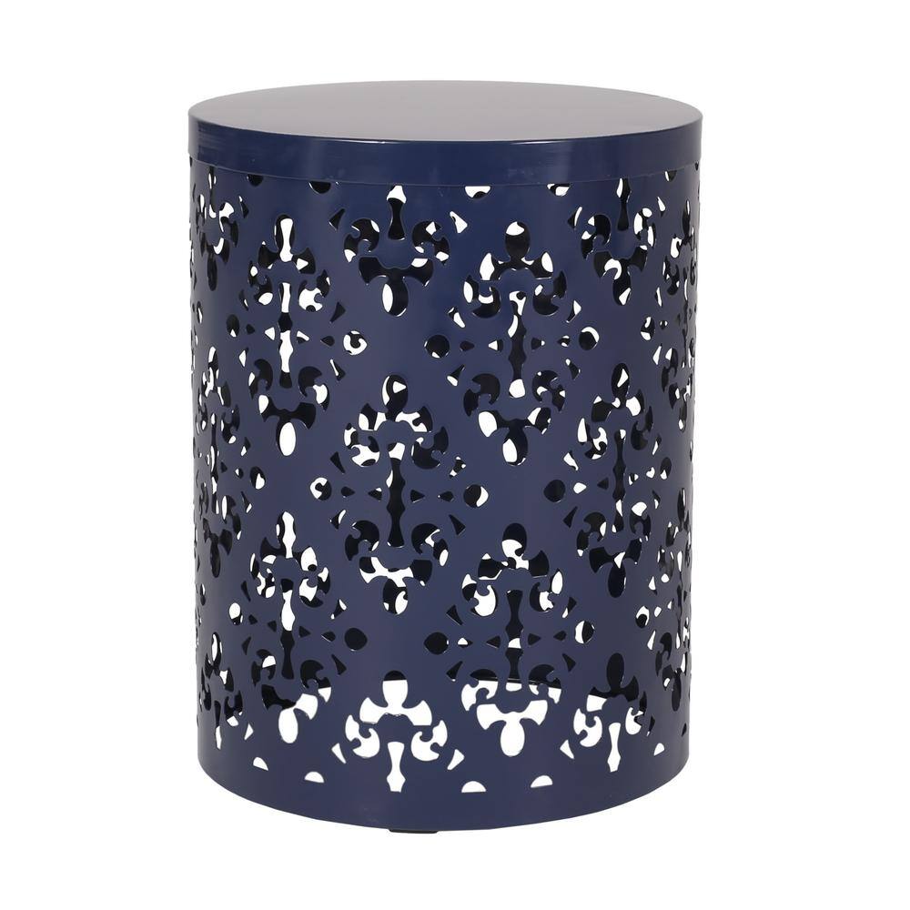 Blue 14 in. Round Metal Outdoor Side Table, Patio Powder-coated Iron Large 