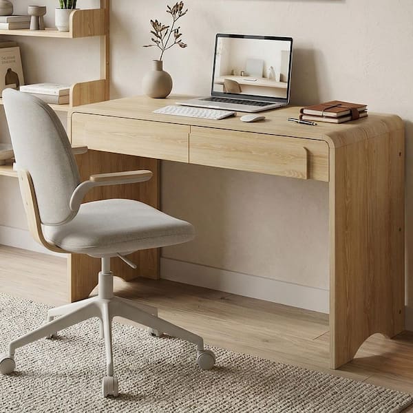 47 in. Rectangular Natural Oak Wood Waterfall Writing Desk with 2 Storage Sliding Drawers and Curved Statement Pulls