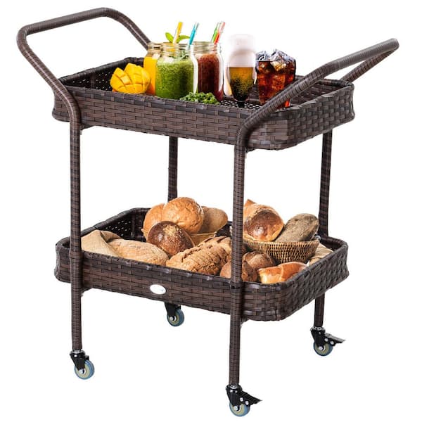 Tileon Rattan Wicker Kitchen Cart, Serving Cart with 2-Tier Open Shelf