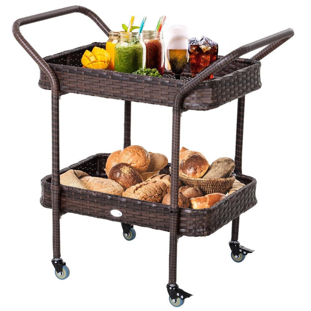 Tileon Rattan Wicker Kitchen Cart, Serving Cart with 2-Tier Open Shelf