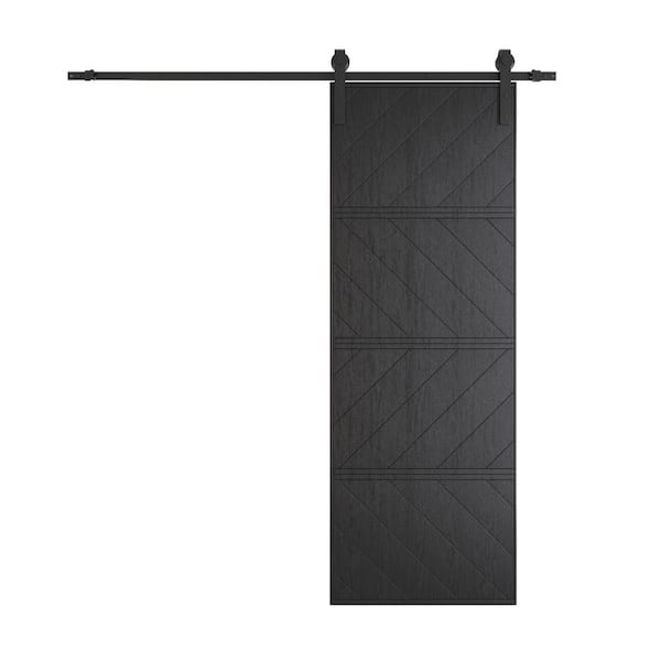 TENONER 30 in. x 84 in. Black, Wood Panel Textured, MDF and PVC Covering, Finished Sliding Barn Door with Hardware Kit