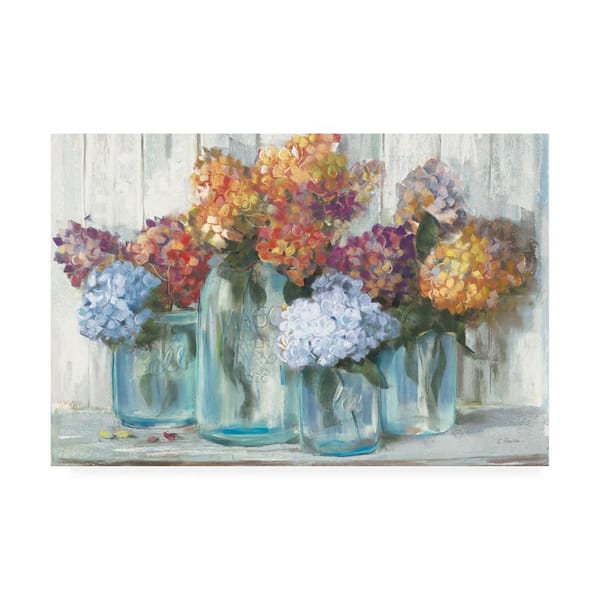 Trademark Fine Art Fall Hydrangeas in Glass Jar Crop by Carol Rowan Nature Hidden Frame 12 in. x 19 in.