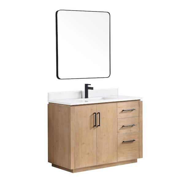 San 42 in.W x 22 in.D x 33.8 in.H Single Sink Bath Vanity in Fir Wood Brown with White Composite Stone Top and Mirror