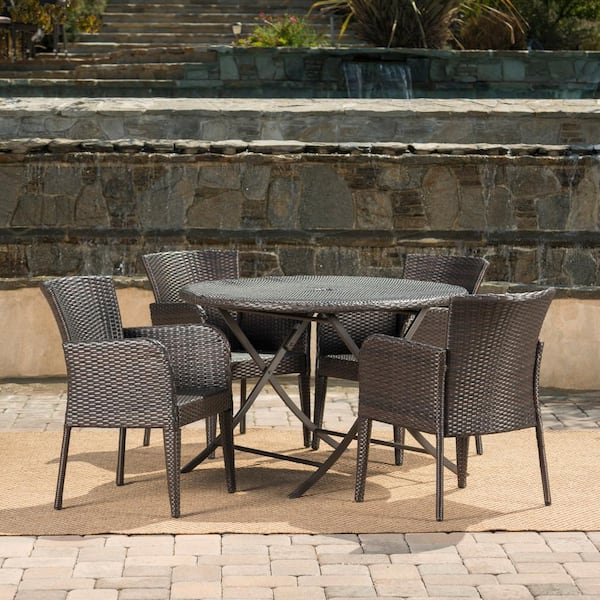 With Foldable Table, 5 Piece Brown Wicker Patio Dining Set