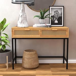44" Woven Front Modern Farmhouse Wood Console Table Sofa - Natural