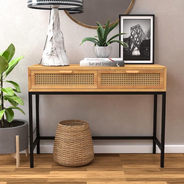 FUIN 44" Woven Front Modern Farmhouse Wood Console Table Sofa - Natural