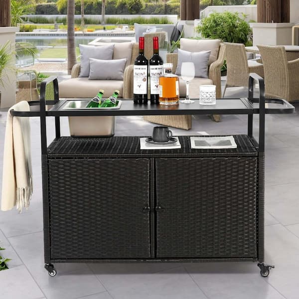 SUNRINX Black Wicker Outdoor Serving Bars with Ice Bucket