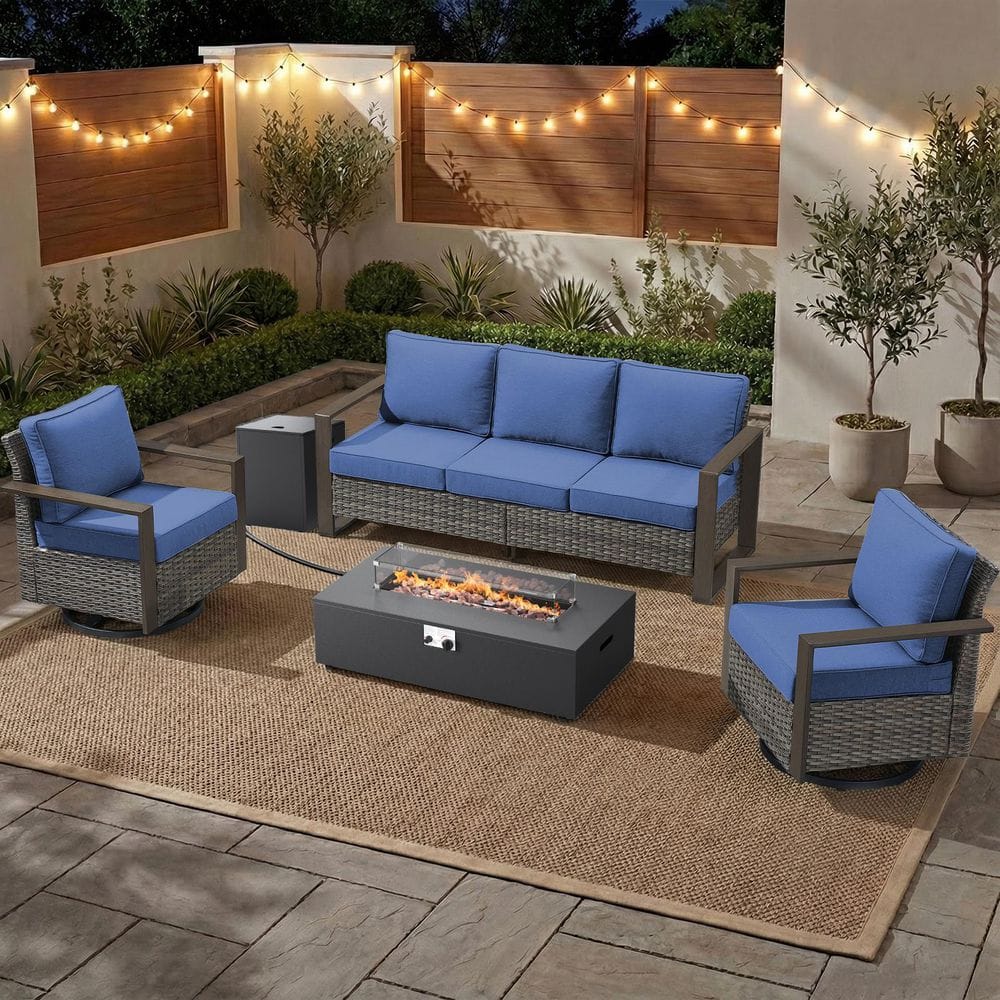 CubeEdge 5-Piece Gray Wicker Fire Pit Conversation Set with Olefin Blue Cushions and Couch/ Patio Swivel Chairs price history on PriceWatchPro