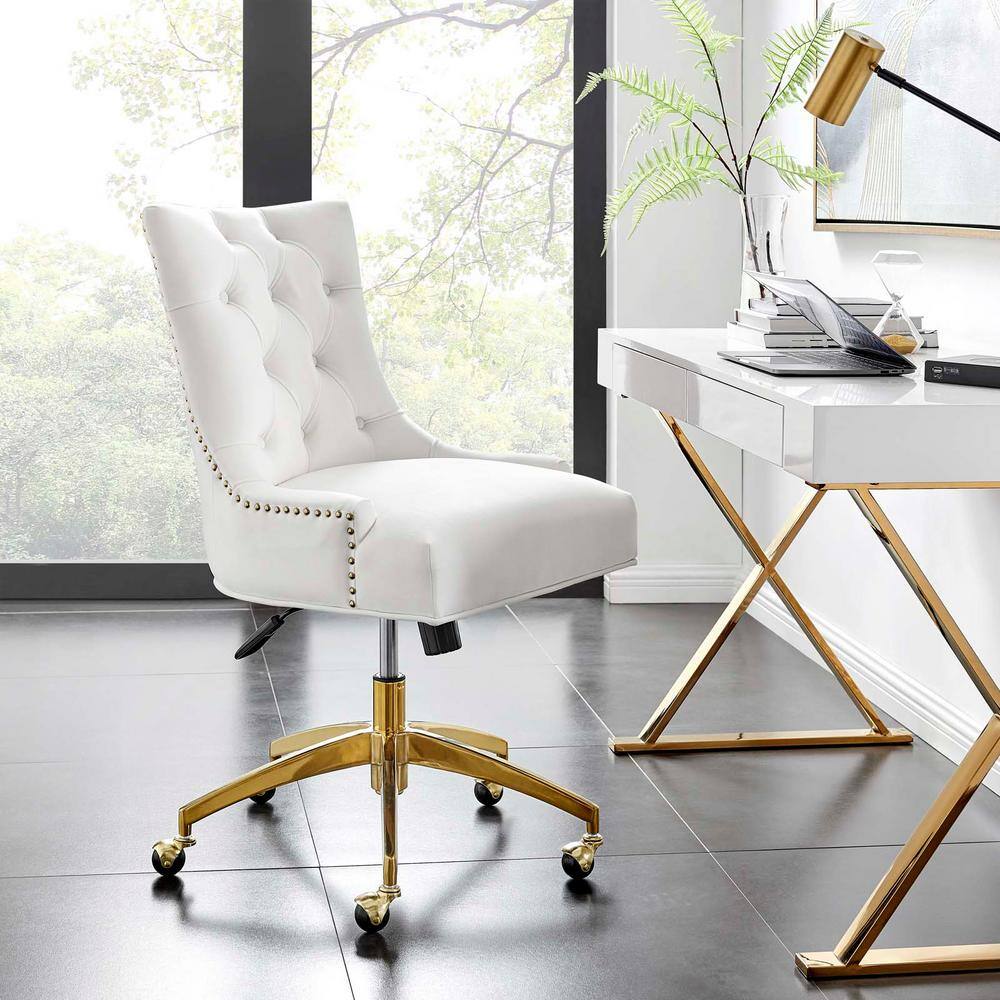 Elegant Gold and White Tufted Swivel Task Chair with Velvet Upholstery