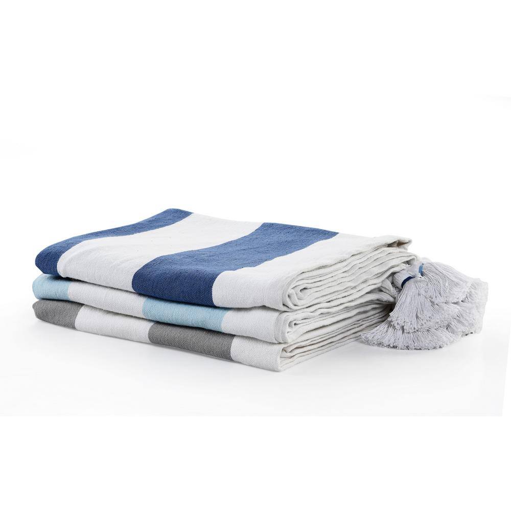 Corydalis Blue and White Striped Cotton Throw Blanket with Tassels