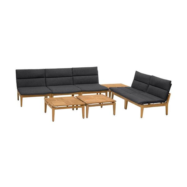 Armen Living Arno Outdoor 8 Piece Teak Wood Seating Set in Charcoal Olefin
