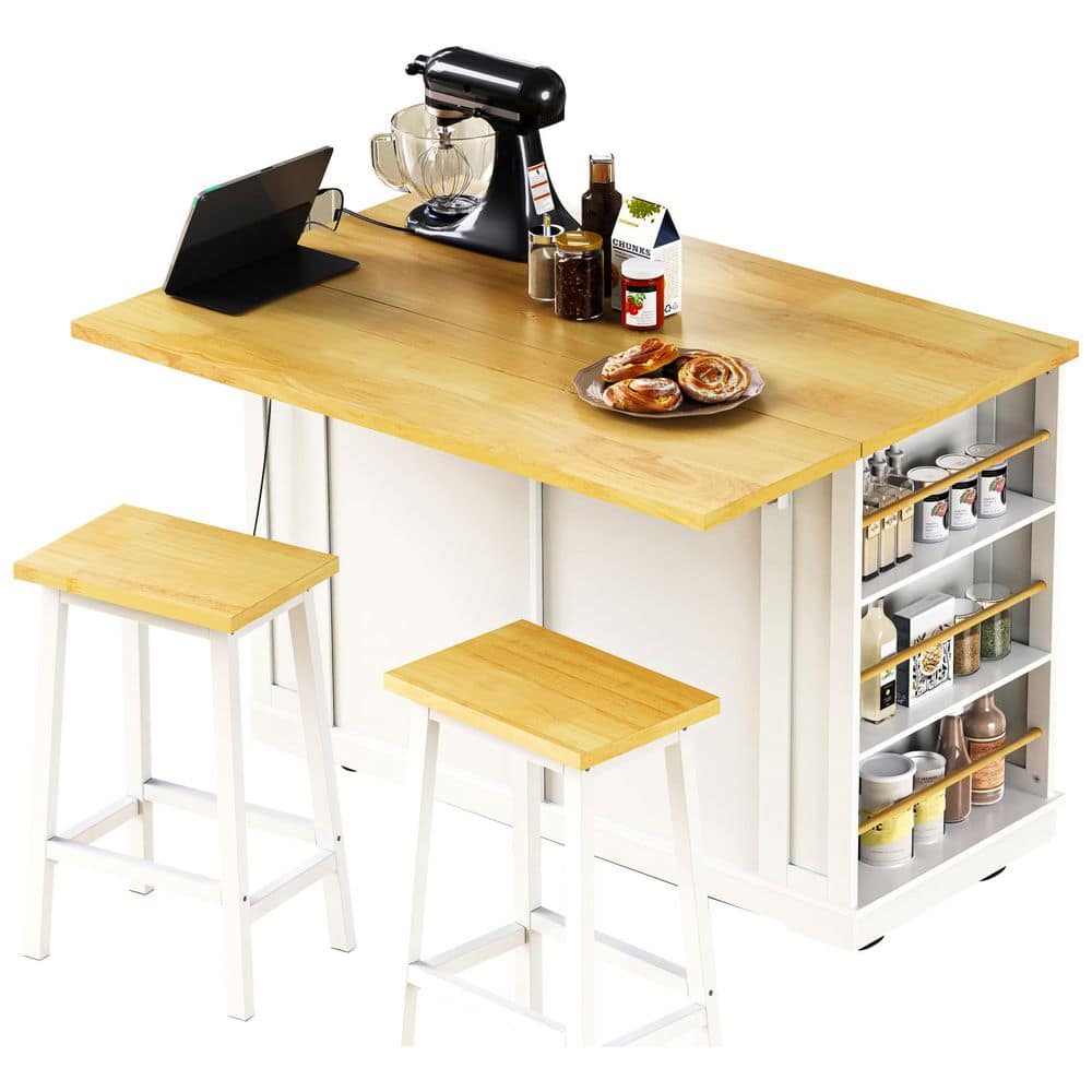 H2O 48 in. White Kitchen Cart Island with Drop Leaf, 2 Bar Stools, Internal