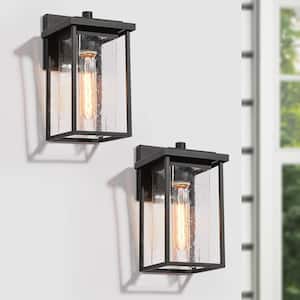1-Light Matte Black Hardwired Outdoor Wall Lantern Sconce with Square Seeded Glass Shade (2-Pack)