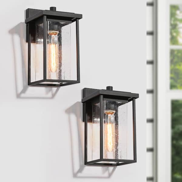 LNC 1-Light Matte Black Hardwired Outdoor Wall Lantern Sconce with Square Seeded Glass Shade (2-Pack)