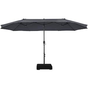 15 ft. Double-Side Steel Crank Extra Large Market Patio Umbrella with Sandbags and Cross Base in Gray