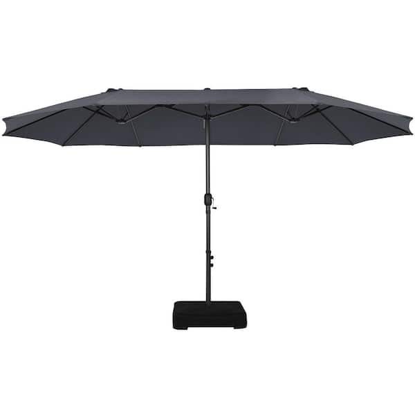ANGELES HOME 15 ft. Double-Side Steel Crank Extra Large Market Patio Umbrella with Sandbags and Cross Base in Gray