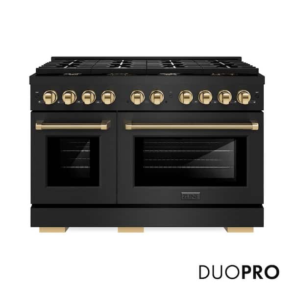 Autograph Edition 48 in. Black Stainless Paramount Dual Fuel Range w/ 8 Burner DuoPro Cooktop and Gold Helix Handles