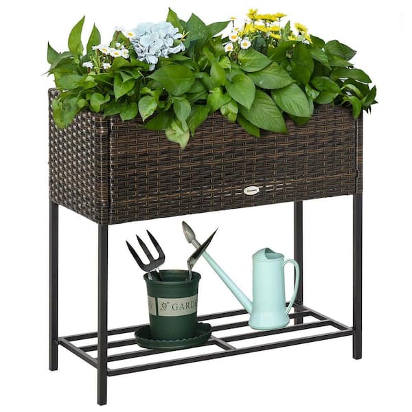 Raised Garden Bed with Rattan Wicker Look, Elevated Planter Box with Tool Storage Shelf for Herbs, Vegetables & Flowers
