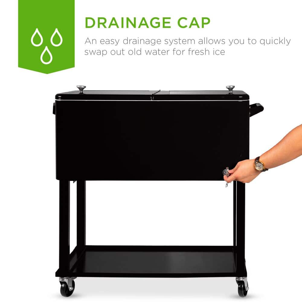 Black Steel Rolling Cooler Cart with Bottle Opener and Storage Shelf