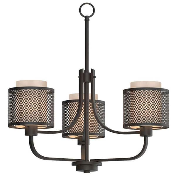 Home Decorators Collection Summit Collection 3-Light Bronze Mesh Chandelier with Inner Cream Fabric Shade