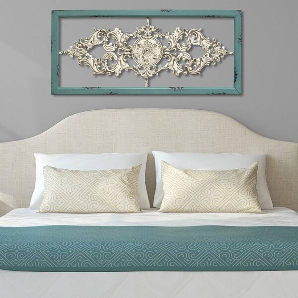 Distressed White And Turquoise Framed Scroll Metal Panel Distressed White And Turquoise Framed Scroll Metal Panel