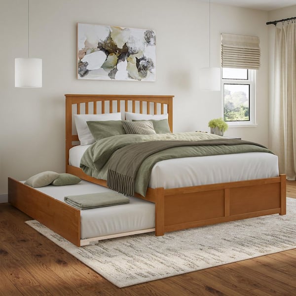 AFI Mission Light Toffee Natural Bronze Solid Wood Frame Queen Platform Bed with Footboard and Twin XL Trundle