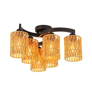 Trenzado 6-Light 20.5 in. Dia Farmhouse Black Semi Flush Mount Bohemian Caged Woven Rattan Ceiling Light for Kitchen