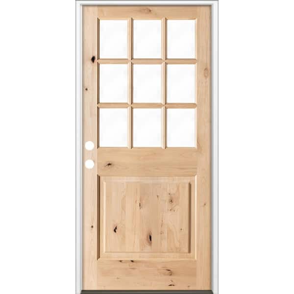 36 in. x 80 in. Craftsman 9-Lite Clear Beveled Glass Right-Hand Inswing Unfinished Knotty Alder Prehung Front Door