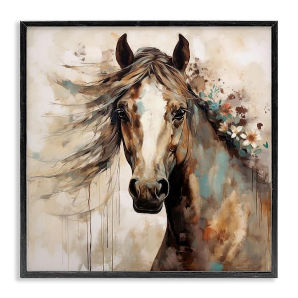 Brown Horse with Florals by Lazar Studio Black Framed Giclee Art Print Animal 24 in. x 24 in.
