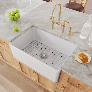 White Fireclay 30 in. x 20 in. Single Bowl Farmhouse Apron Front Kitchen Sink with Bottom Grid and Strainer
