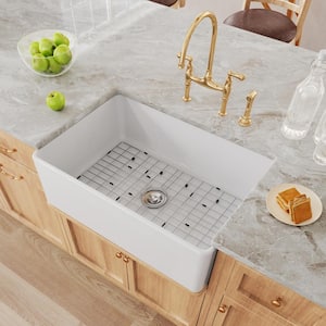 White Fireclay 30 in. x 20 in. Single Bowl Farmhouse Apron Front Kitchen Sink with Bottom Grid and Strainer