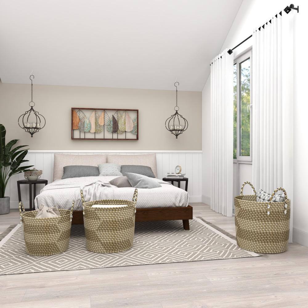 Beige and Black Seagrass Round Storage Baskets, Set of 3