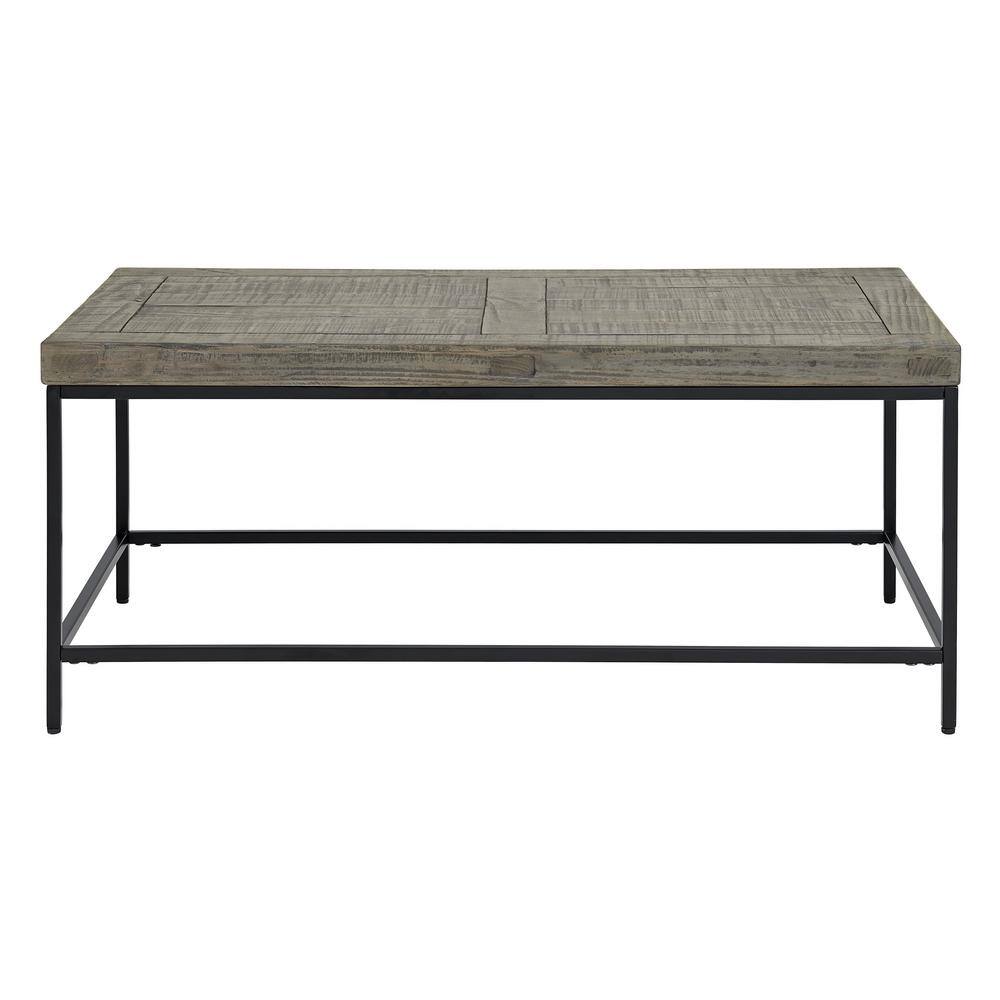 Front view of the gray rectangular pine solid wood industrial modern coffee table.