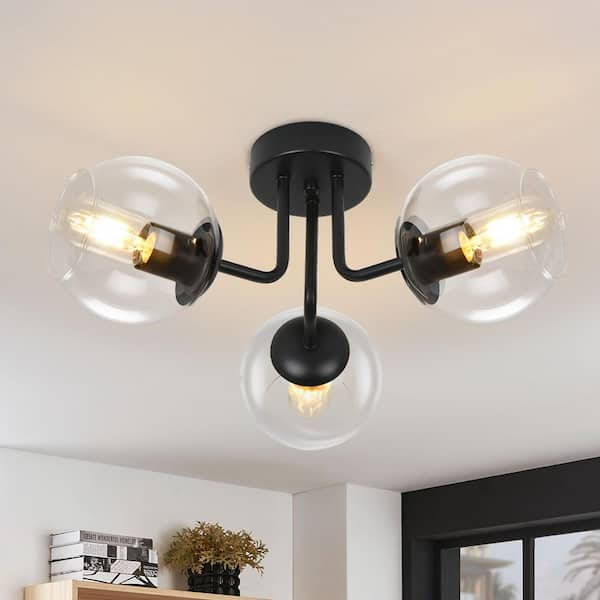 TinHon 18 in. Modern 3-Light Flush Mount Ceiling Light with Clear Glass Globe Shades, Matte Black Finish for Bedroom, Hallway