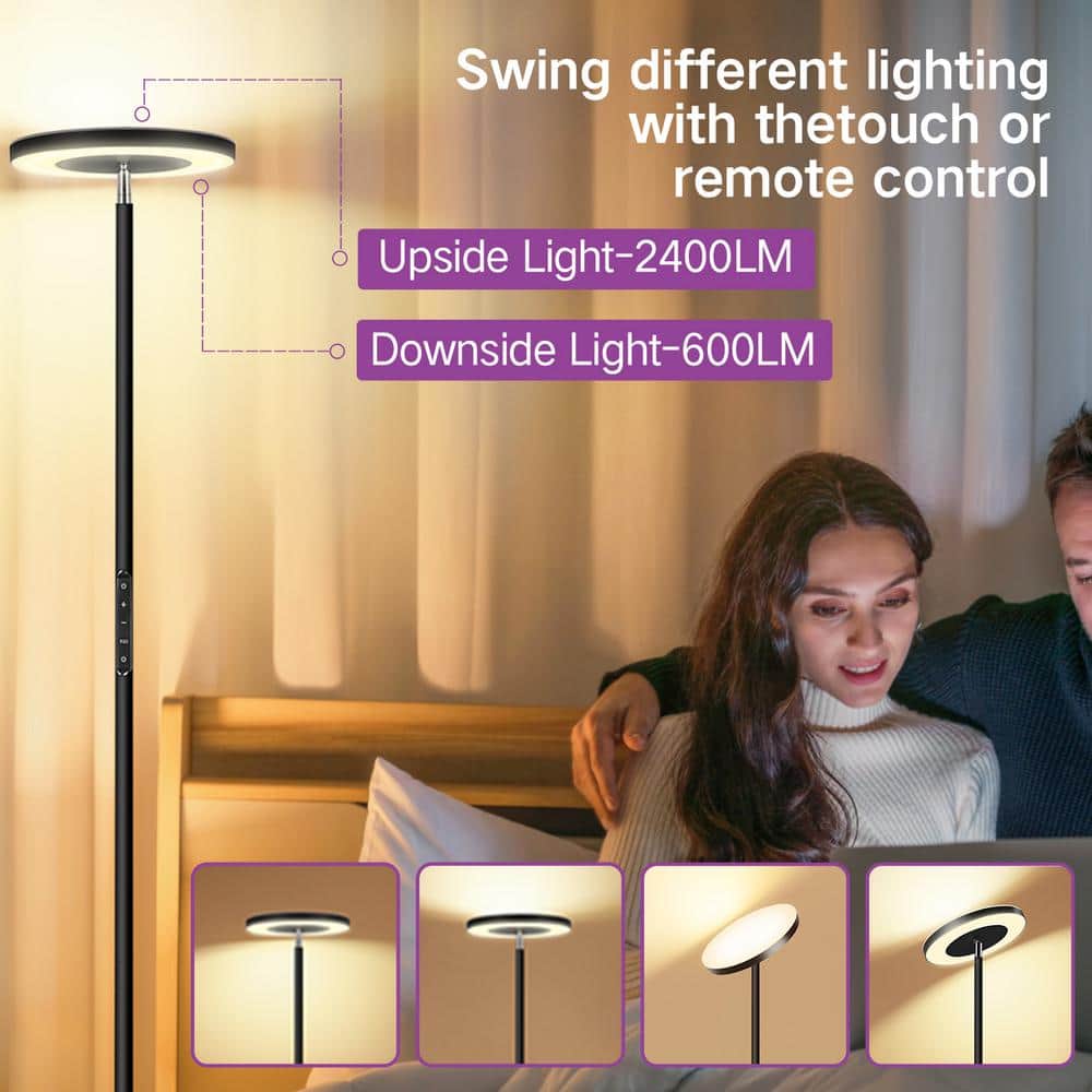 Black Adjustable LED Torchiere Floor Lamp with Remote Control
