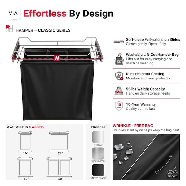 Classic 24 in. Full Extension Chrome Slide-out Modern Rectangle Laundry Hamper for Cabinets with Removable Nylon Bag