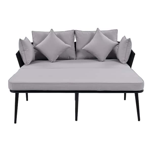 Unbranded Black Composite Outdoor Patio Day Bed with Grey Thick Cushions, Nylon Rope Backrest for  Balcony, Poolside