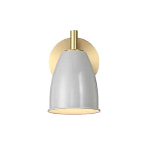 Biba 5.25 in. 1-Light Brushed Gold Modern Wall Sconce with Grey Sky Metal Shade