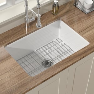 White Fireclay 27 in. Single Bowl Round Corner Undermount/Drop-In Kitchen Sink with Bottom Grid and Basket Strainer