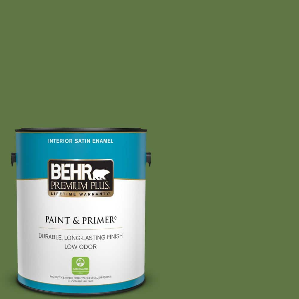 BEHR PREMIUM PLUS 1 gal. #420D-7 Dill Pickle Satin Enamel Low Odor Interior Paint & Primer -  00306101