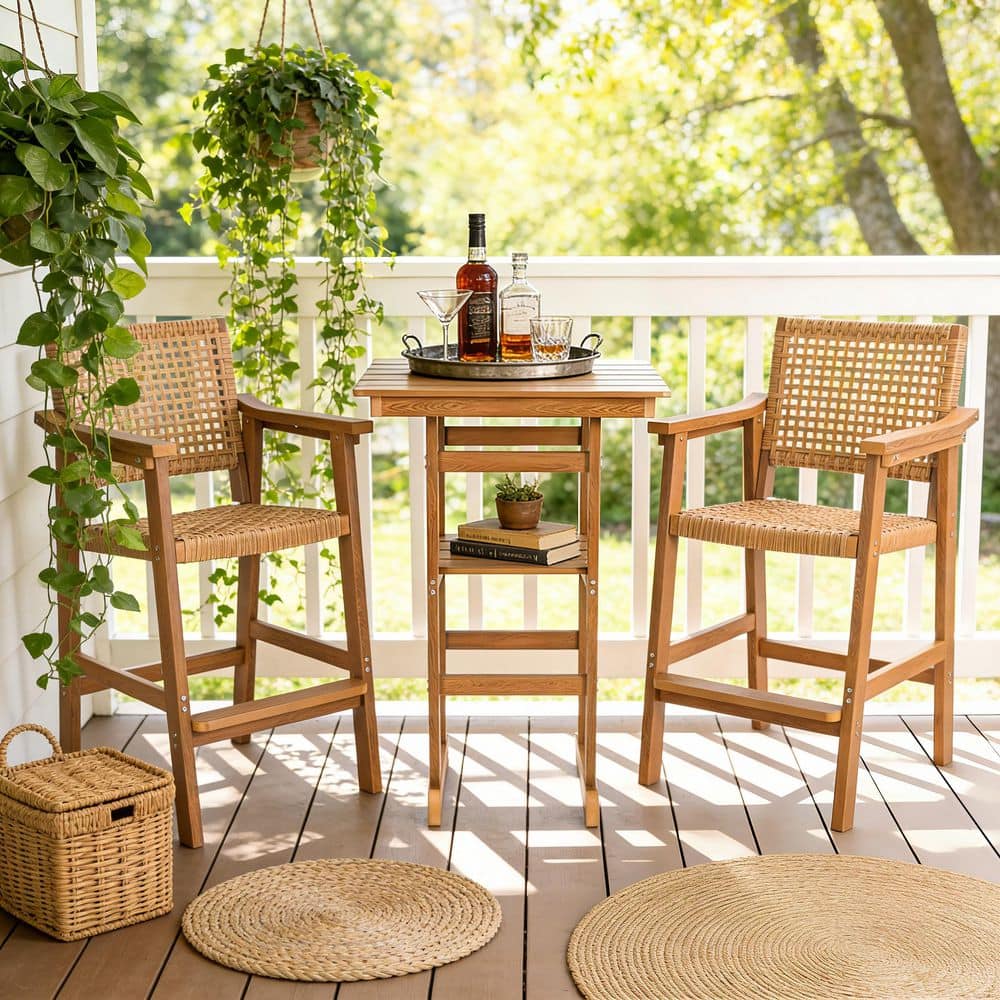 3-Piece Poly Lumber Plastic Outdoor Bistro Bar Set with PE Rattan Back and Seat, Weather Resistant, Teak Tone price history on PriceWatchPro