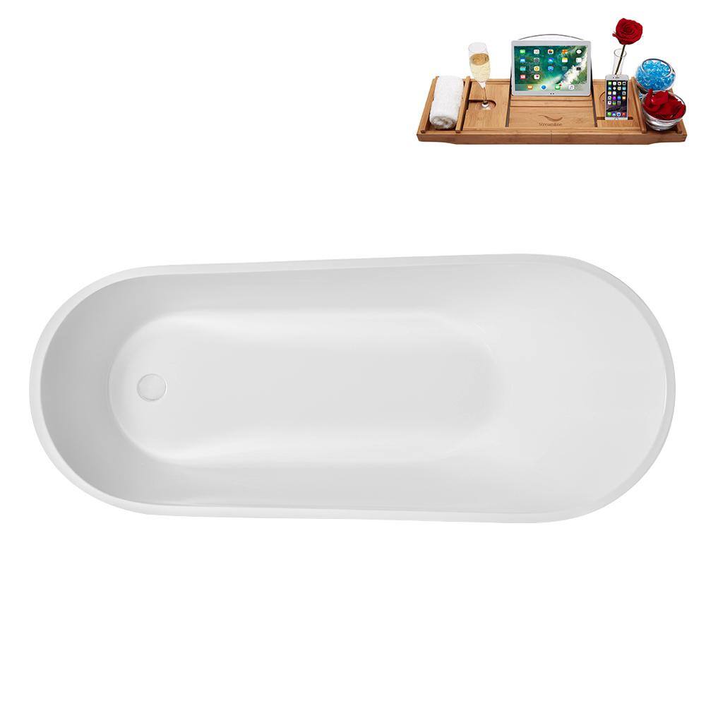 67" Glossy White Acrylic Freestanding Soaking Tub with Tray