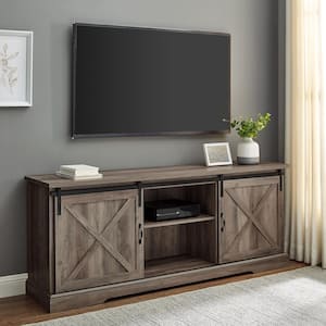 70 in. Grey Wash Wood and Metal TV Stand with Sliding X Barn Doors (Max tv size 80 in.)