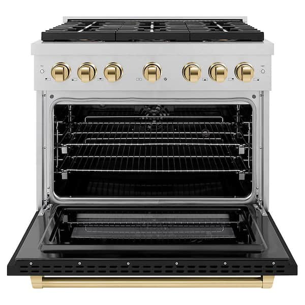 Autograph 36 in. 5.2 cu. ft. Dual Fuel Range with 6 Burner Cooktop in Satin Stainless Steel with Black Matte and Gold