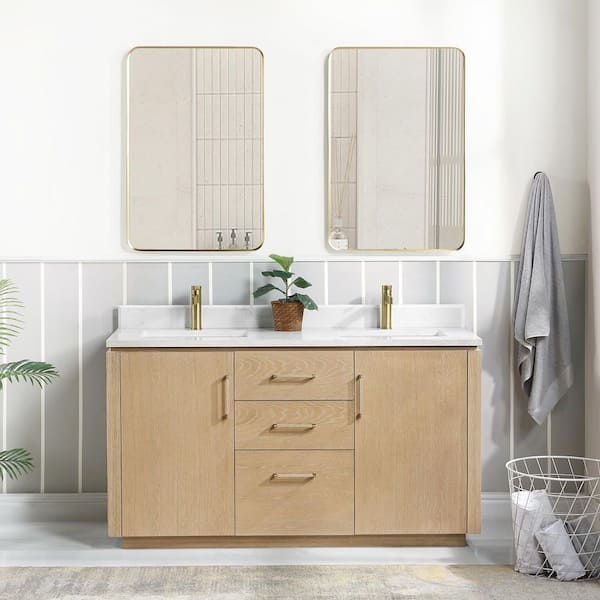 ROSWELL San 60 in.W x 22 in.D x 33.8 in.H Double Sink Bath Vanity in Washed Ash Grey with White Composite Stone Top and Mirror