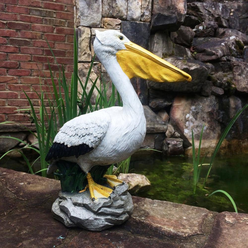Natural Finish Pelican Statue on Coastal Rock for Indoor/Outdoor Decor