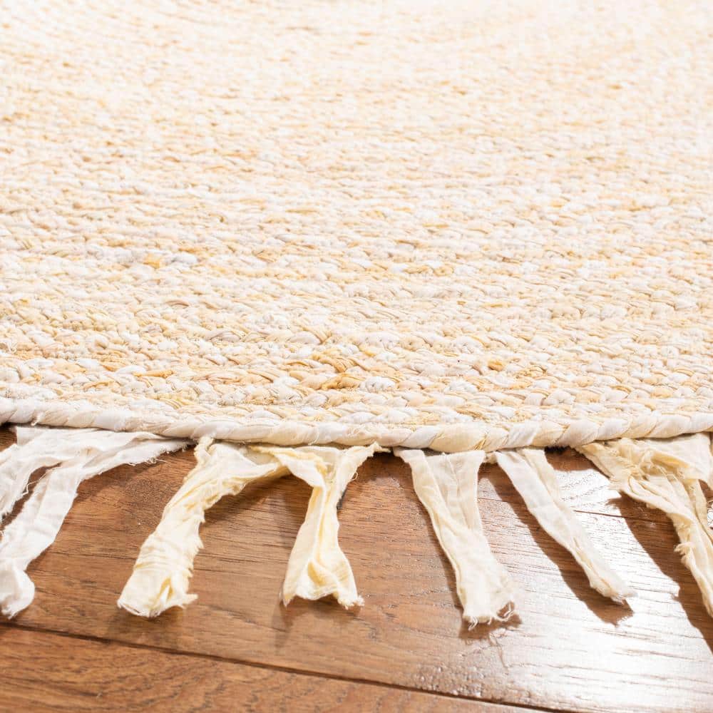 Beige Cotton Braided Round 3' Rug with Fringe