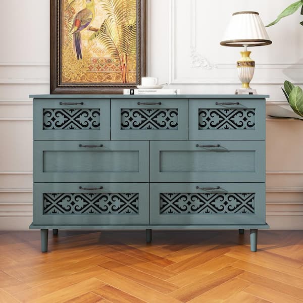 Noble House Zorlen Dark Green Modern 7-Drawer 47.24 in. W Chest of Drawers with Metal Handles, Hollow Carved Design
